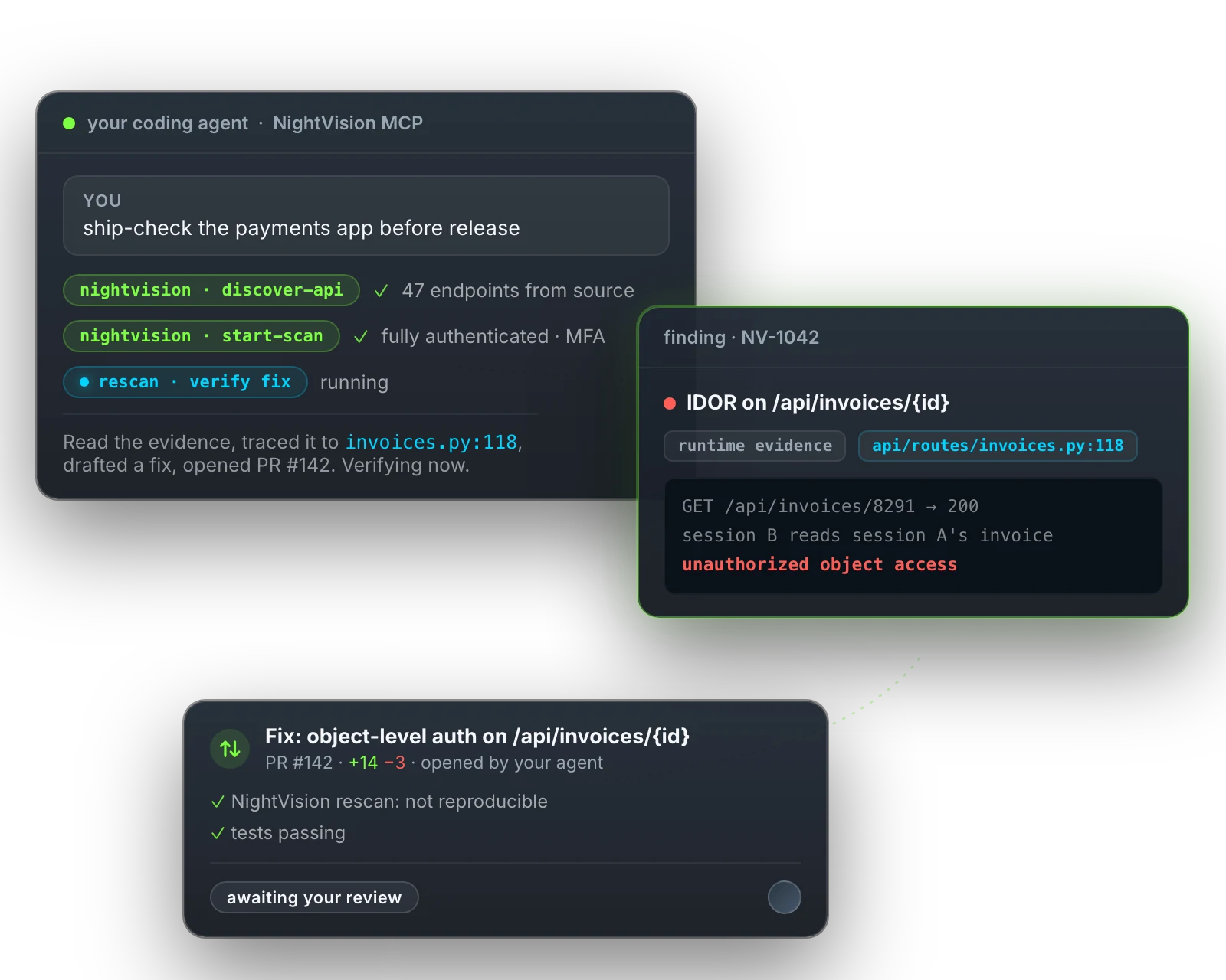 A coding agent uses runtime evidence, proposes a fix, and verifies it with a rescan before human review